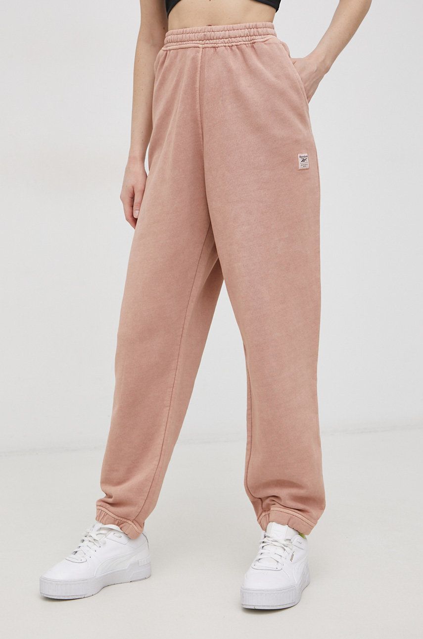 Reebok Classic Pantaloni de bumbac H49296 femei, culoarea roz, material neted