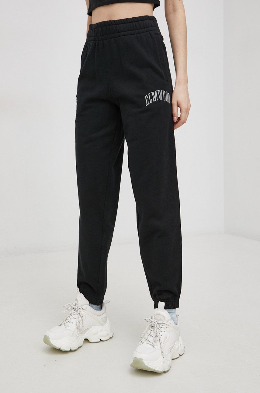 Superdry Pantaloni de bumbac femei, culoarea negru, cu imprimeu
