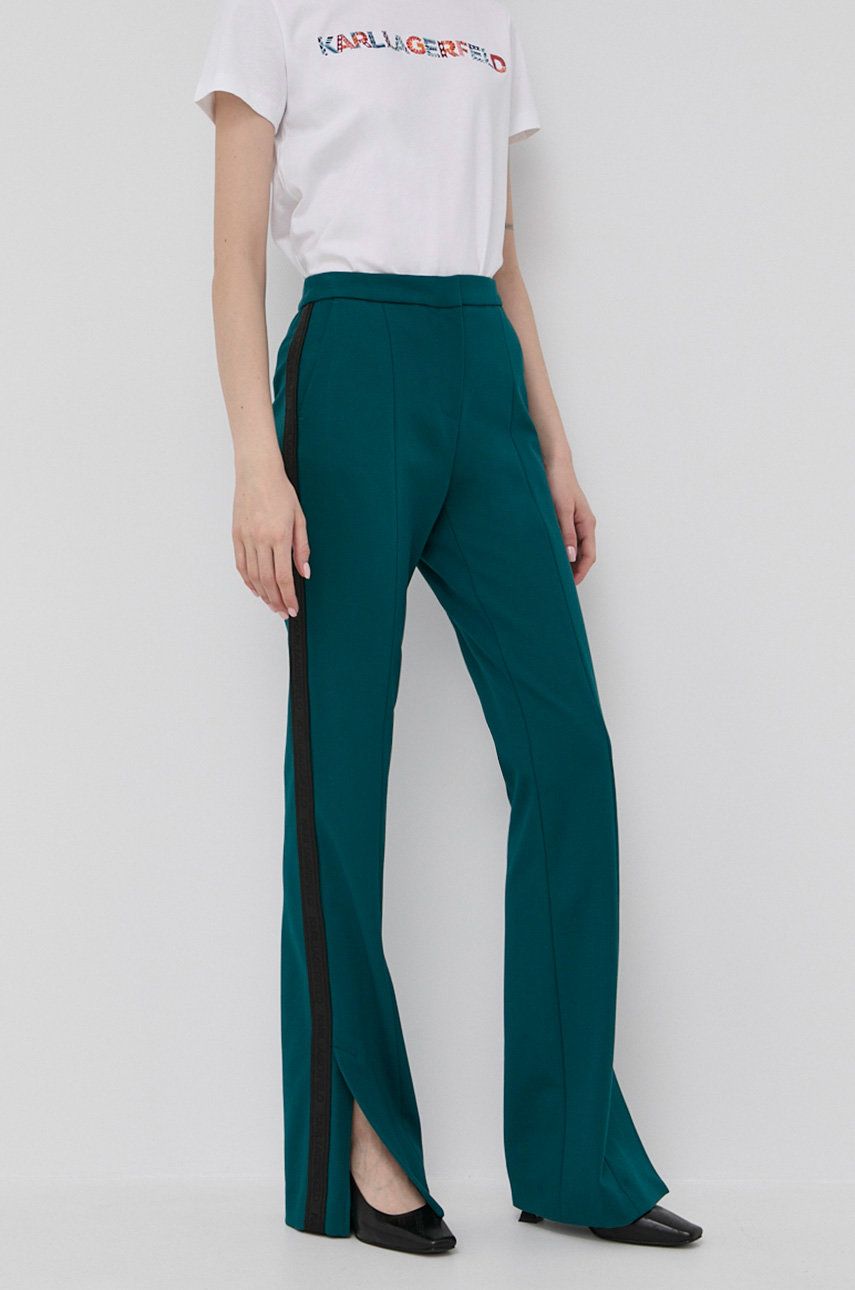 Karl Lagerfeld pantaloni femei, culoarea verde, evazati, high waist