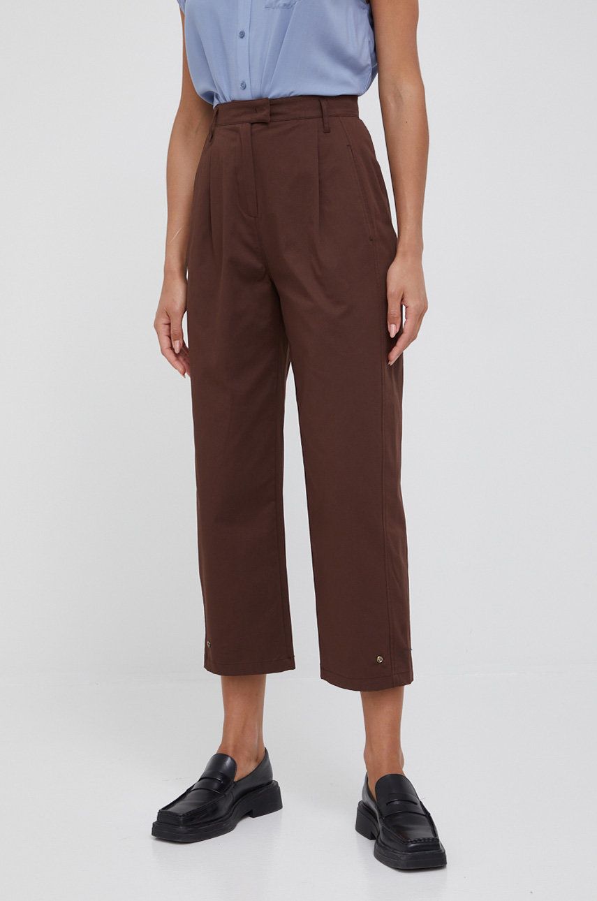 Sisley pantaloni femei, culoarea maro, lat, high waist