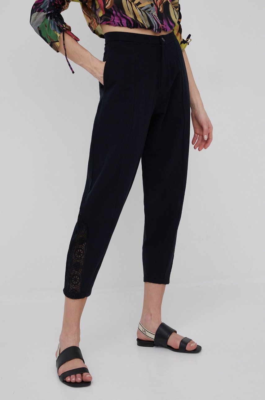 Desigual pantaloni de bumbac femei, culoarea negru, drept, high waist