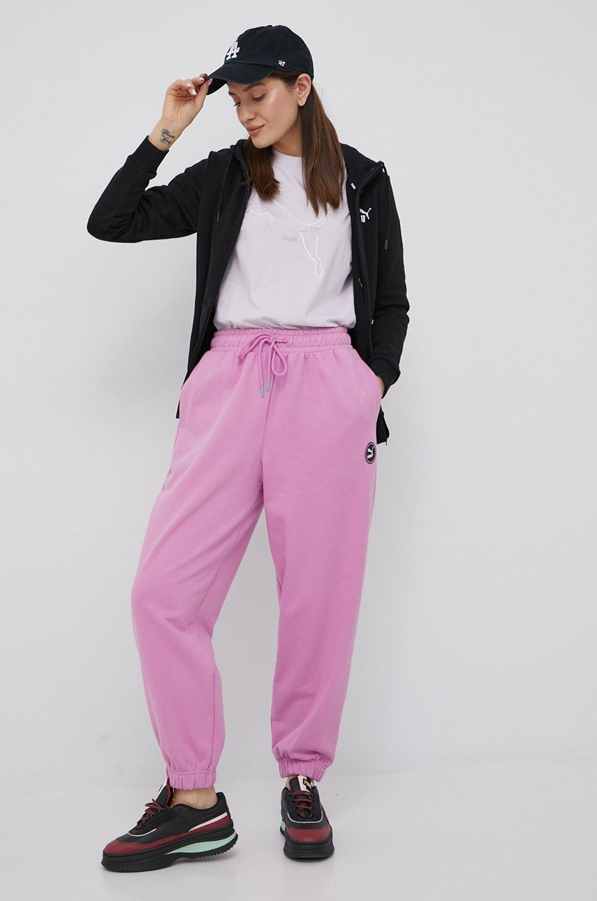Puma pantaloni de bumbac 533567 femei, culoarea roz, neted