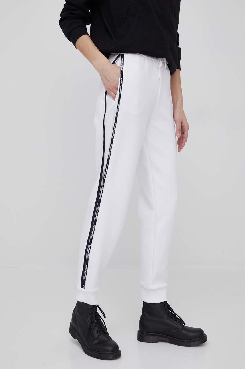 Emporio Armani pantaloni femei, culoarea alb, jogger, high waist