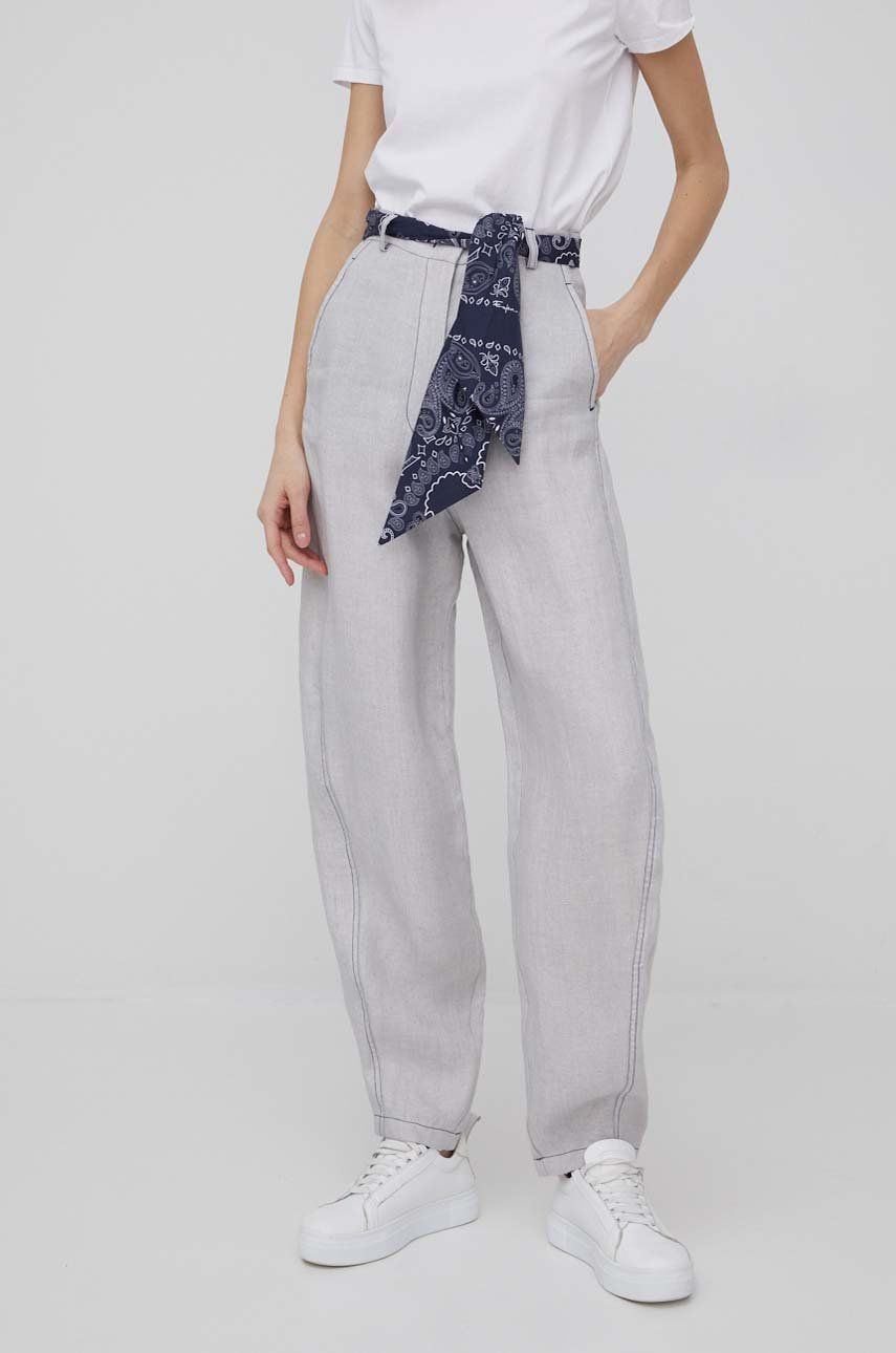 Emporio Armani pantaloni femei, culoarea gri, lat, high waist