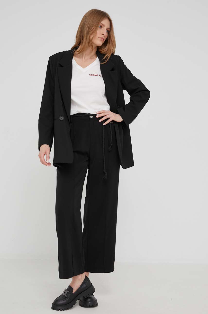 Answear pantaloni femei, culoarea negru, lat, high waist