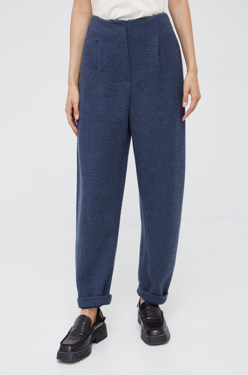 Emporio Armani pantaloni din lana femei, culoarea albastru marin, drept, high waist
