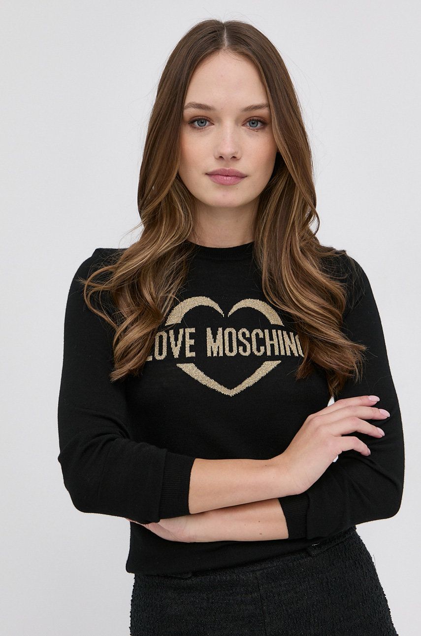 Love Moschino Pulover de lână femei, culoarea negru, light