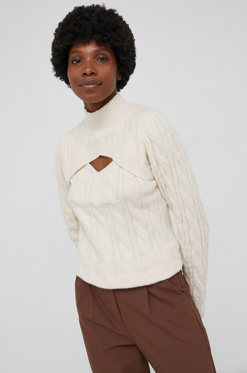 Answear Lab Pulover din amestec de lână femei, culoarea crem, cu guler