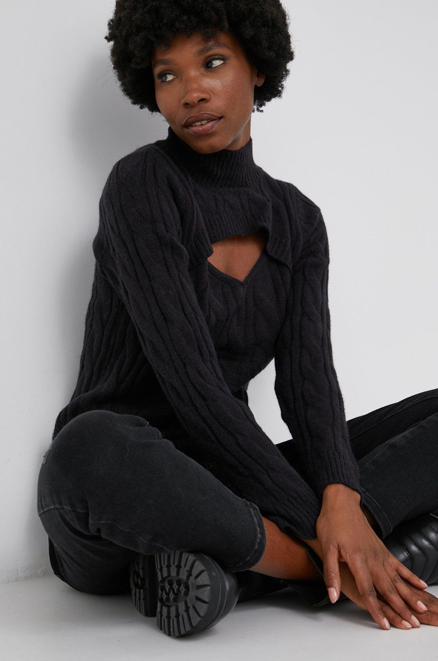 Answear Lab Pulover din amestec de lână femei, culoarea negru, cu turtleneck