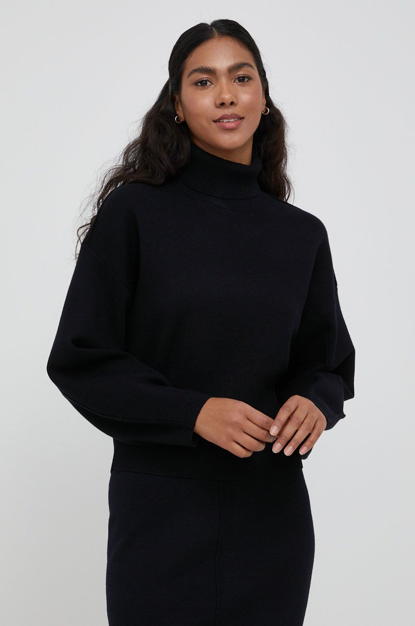 Gestuz pulover femei, culoarea negru, light, cu guler