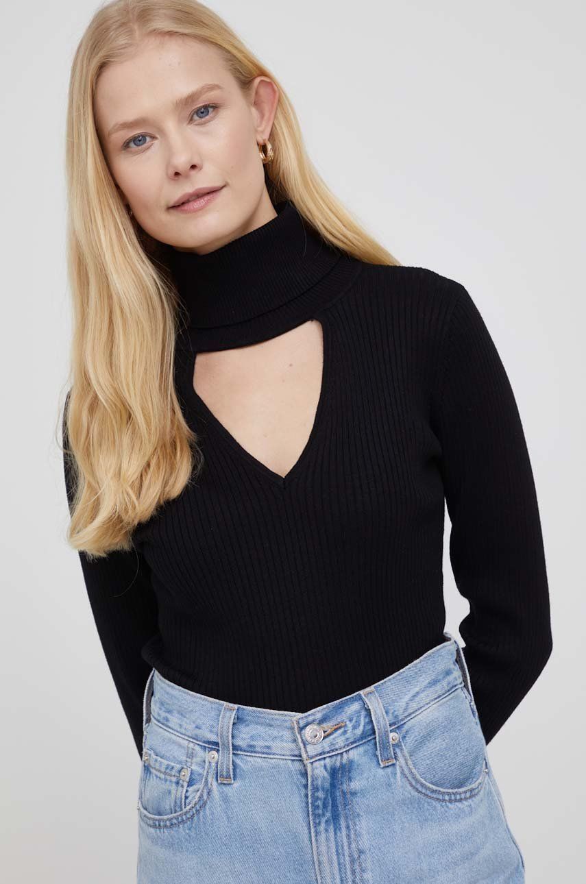 Dkny pulover femei, culoarea negru, light, cu guler