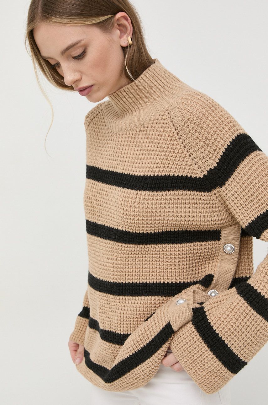 Custommade pulover de lana femei, culoarea bej, cu turtleneck