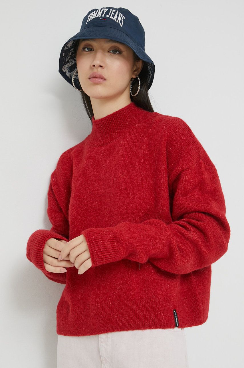 Superdry pulover femei, culoarea rosu, cu turtleneck