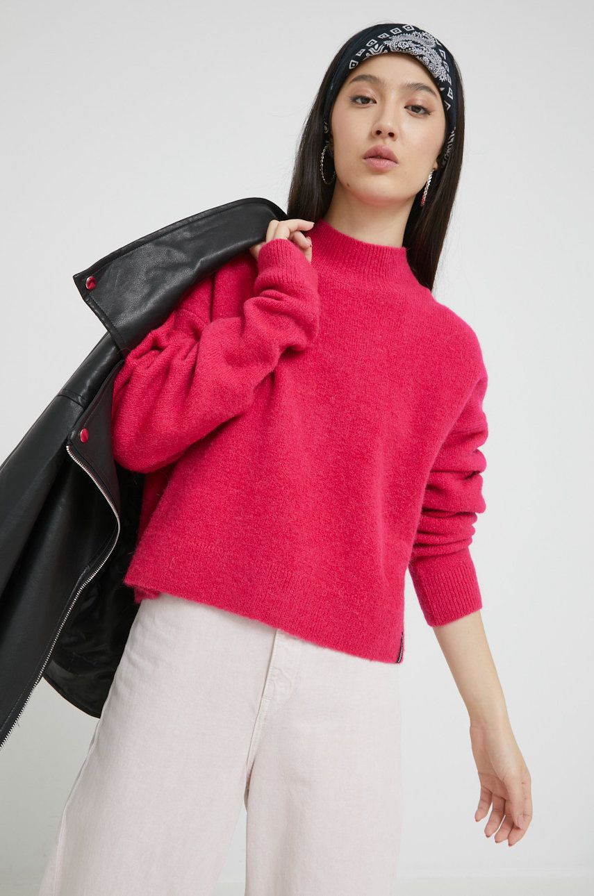 Superdry pulover femei, culoarea roz, cu turtleneck
