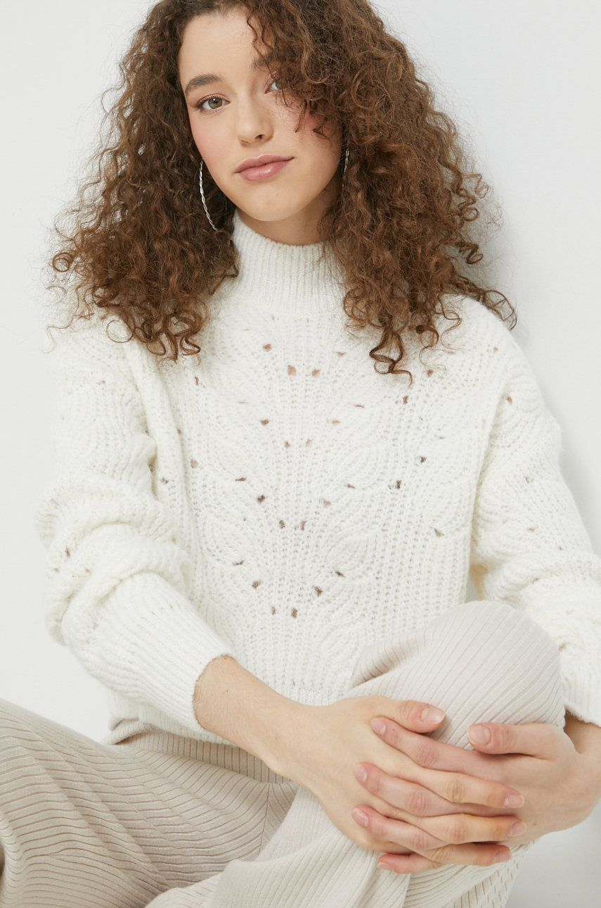 Superdry pulover femei, culoarea alb, cu turtleneck