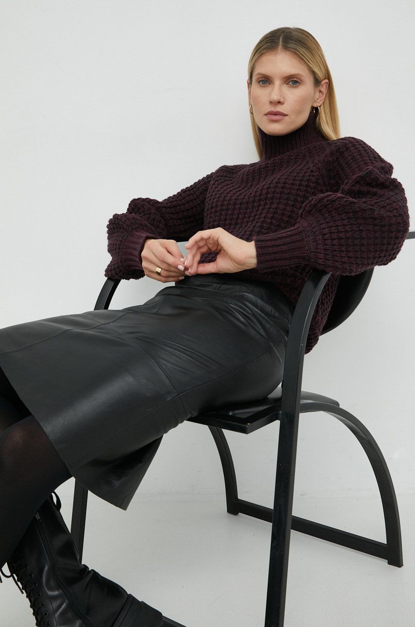 Bruuns Bazaar pulover din amestec de lana Sedum Mynte femei, culoarea bordo, călduros, cu guler