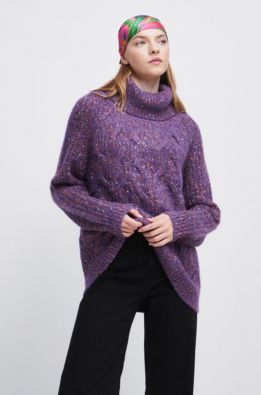 Medicine pulover din amestec de lana femei, culoarea violet, cu guler