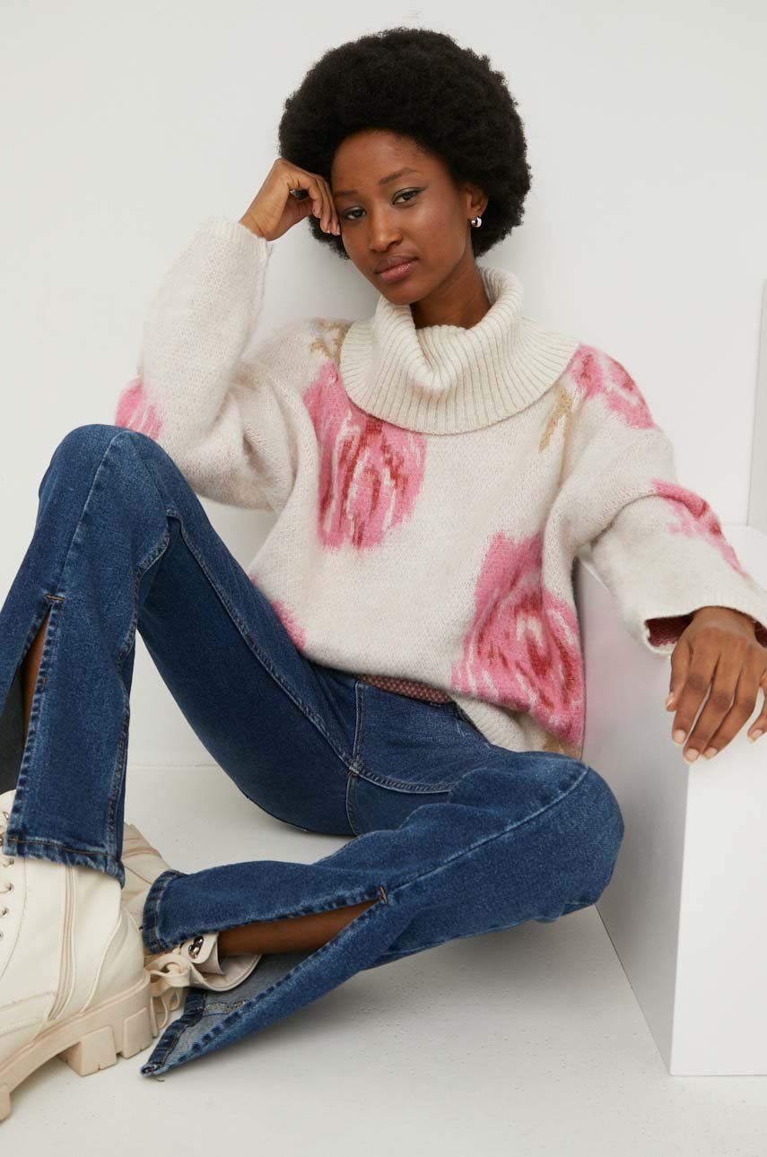 Answear Lab pulover de lana femei, culoarea alb, călduros, cu guler