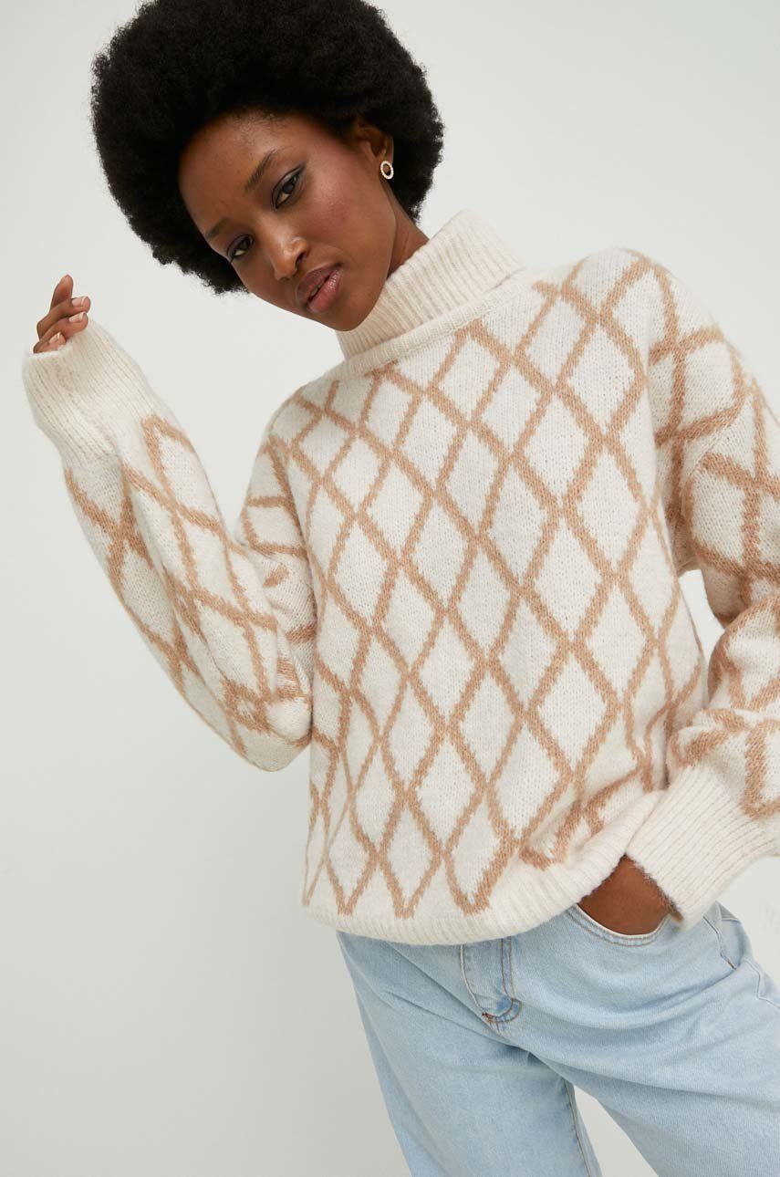 Answear Lab pulover de lana femei, culoarea bej, călduros, cu guler