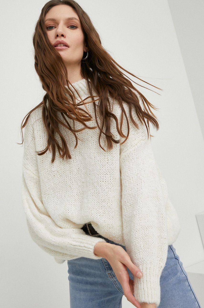 Answear Lab pulover de lana femei, culoarea bej, călduros, cu turtleneck