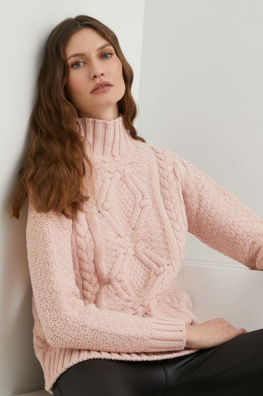 Answear Lab pulover de lana femei, culoarea roz, călduros, cu guler